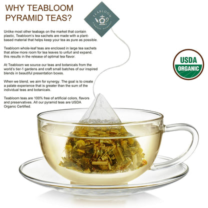 Teabloom Organic Herbal Oasis Pyramid Tea Presentation Box, 12 Assorted Herbal Tea Blends, USDA Certified Organic Whole-Leaf Pyramid Tea Sachets