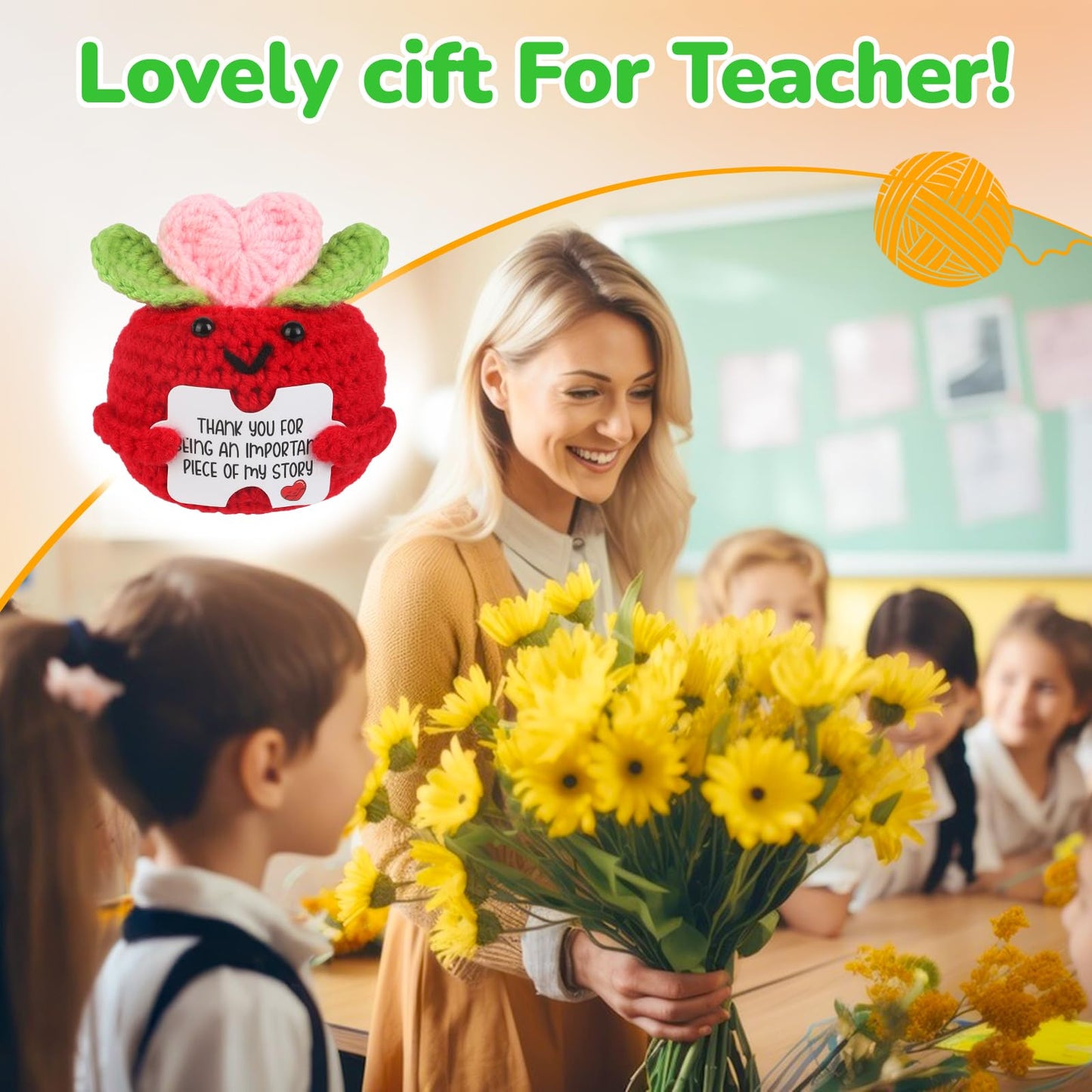 Chuchoter Appreciation Gifts for Teacher,Thank You Teachers Day Birthday Graduation Retirement School Gifts for Teachers Students, Mini Positive Apple Sunflower Doll Crochet for Boss Coworkers (Pink)