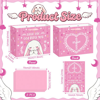 Large Baptism Gift Bags for Girls, Bunny Pray Pink Christening Gift Cross Gift Bag with Tissue Paper Card Little One God Bless You Religious First Holy Communion Wrapping Paper for Baby Girl Baptisms