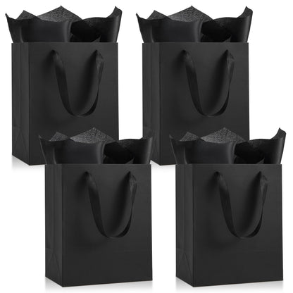 PASEOTA 4 Pack Black Gift Bags with Handles and Tissue Paper, 10" x 8" x 5" Small Black Paper Bags for Men Women Birthday Party Wedding Baby Shower Father's Day (BK-S, 4 Pcs)
