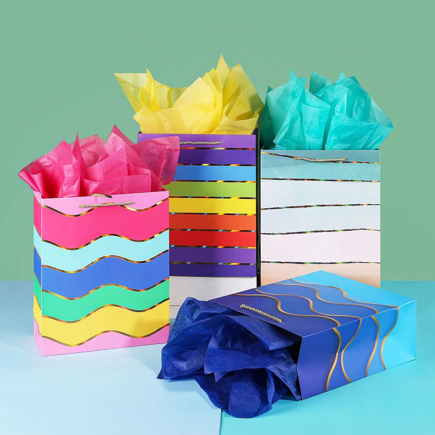 Cmecial 12.6" Paper Gift Bags with Tissue Paper, Extra Large Gift Bags with Handles, Birthday Rainbow Bag Large Size, Medium Birthday Bags Wrap Bag for Kids
