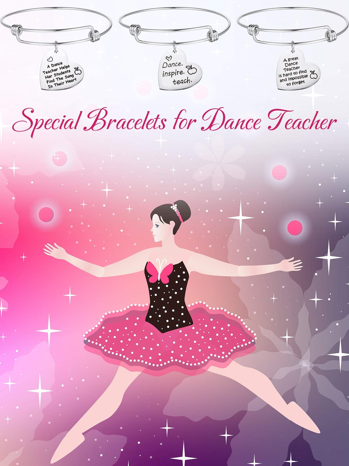 Zhanmai 3 Pieces Dance Teacher Gifts for 2026 Teacher's Day Bracelet Bangle Gift Engraved Appreciation Quotes Expandable Steel Bracelet with Heart Pendant for Women Dance Teacher