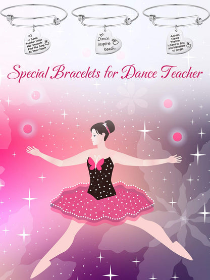 Zhanmai 3 Pieces Dance Teacher Gifts for 2026 Teacher's Day Bracelet Bangle Gift Engraved Appreciation Quotes Expandable Steel Bracelet with Heart Pendant for Women Dance Teacher