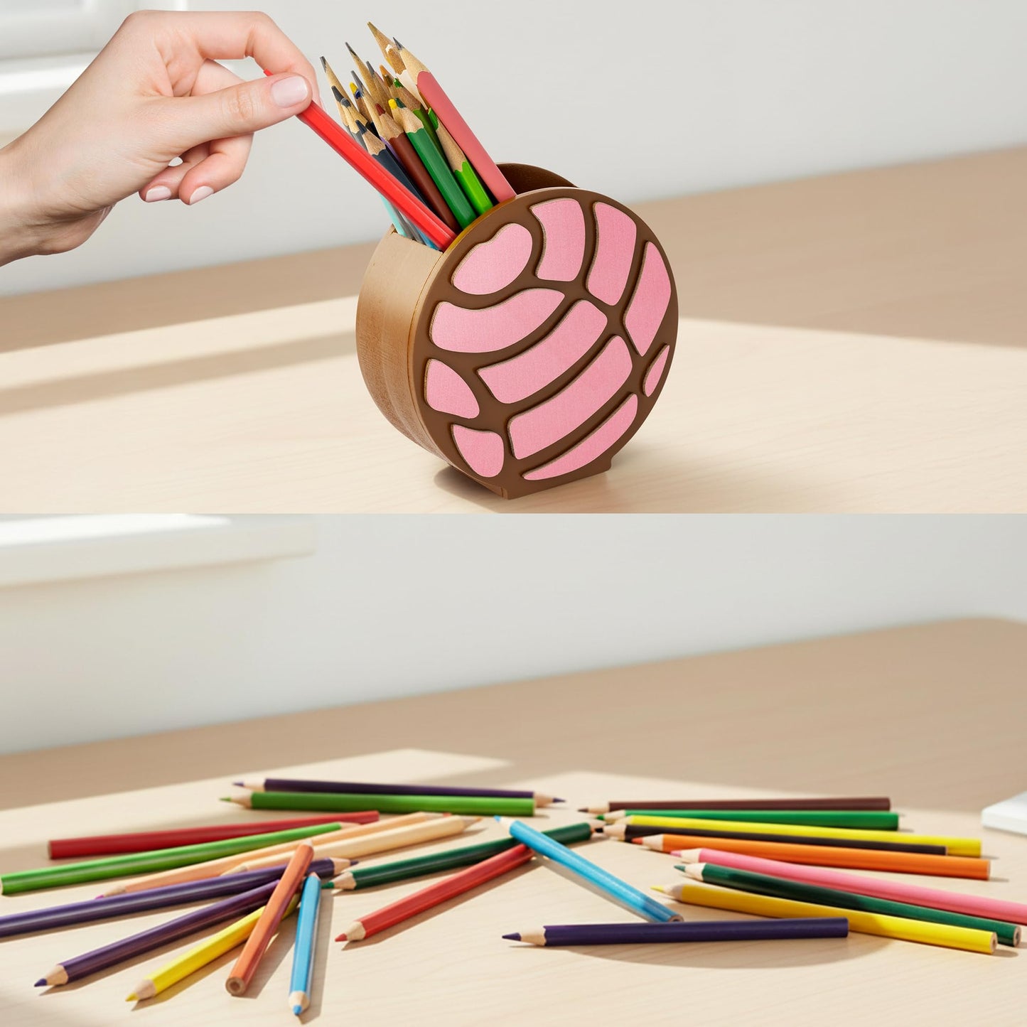 MALLMALL6 Mexico Concha Pencil Holder - 3D Mexican Bread Pink Wooden Pen Holder, Back to School Funny Caddy Case Gift for Kids, Desktop Storage Organizer for Classroom Teacher Office