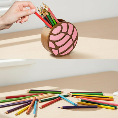 MALLMALL6 Mexico Concha Pencil Holder - 3D Mexican Bread Pink Wooden Pen Holder, Back to School Funny Caddy Case Gift for Kids, Desktop Storage Organizer for Classroom Teacher Office