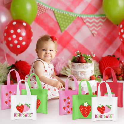 20Pcs Strawberry Party Favor Bags, Strawberry Party Decorations Strawberry Non-Woven Candy Goody Treat Bag for Strawberry Fruit Theme Baby Shower Sweet One Strawberry Birthday Wedding Snack Gifts Bags