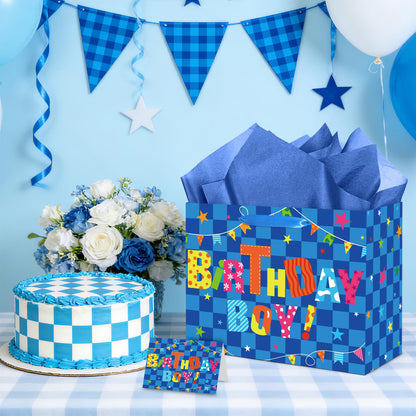 Innovoscape Blue Birthday Gift Bag for Boys Birthday Favor Bag with Tissue Paper and Card Colorful Happy Birthday Bag for Kids Boys Birthday Party Baby Shower