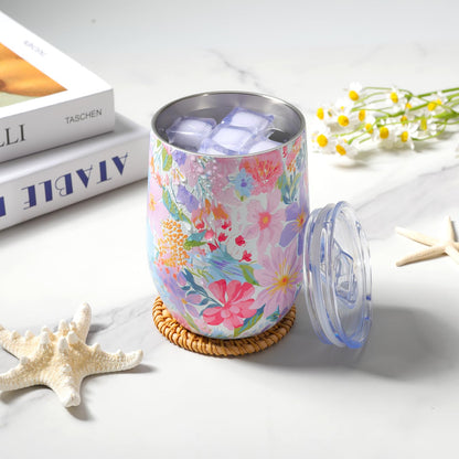 12oz Vacuum Insulated Wine Tumbler, Stainless Steel Flower Cup with Lid, Womens Birthday Friendship Gifts for Friend Coworkers Teacher Sister Girlfriend Her, Mothers Day Gifts for Mom