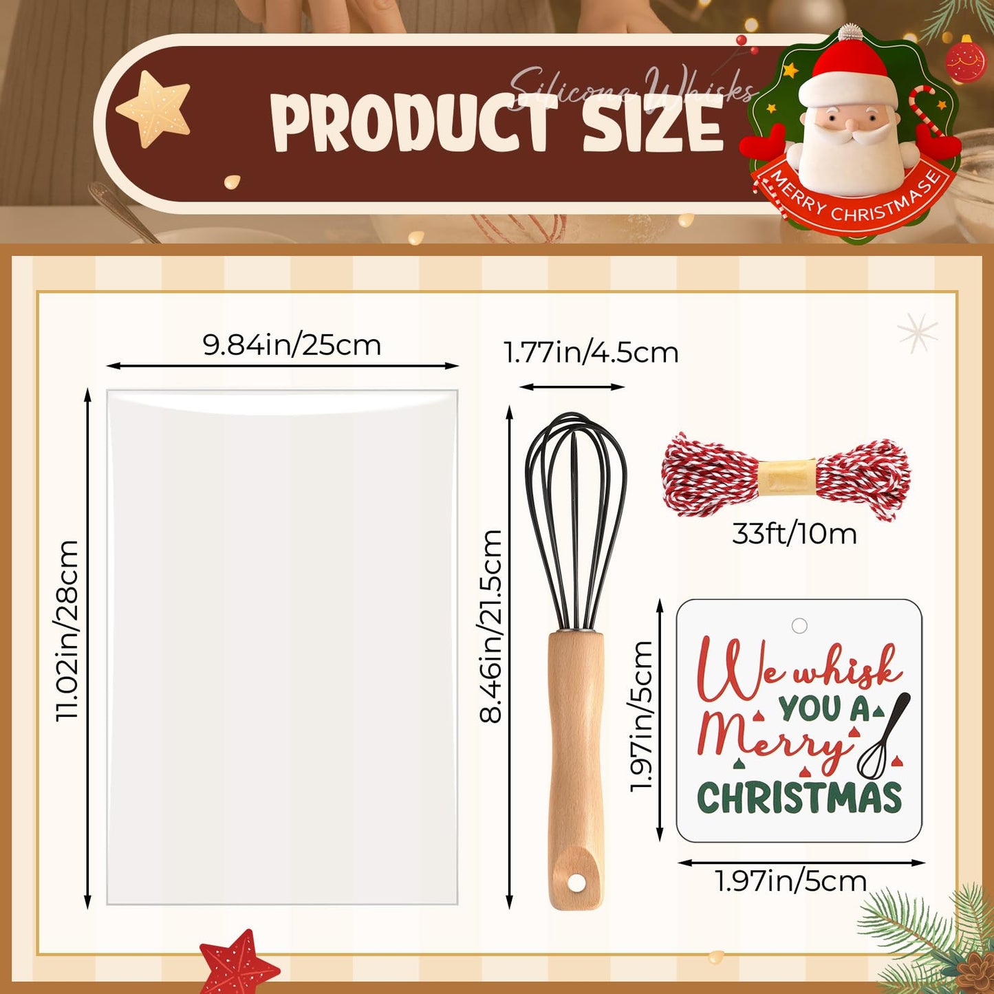 Baderke 20 Sets Baking Gifts Set Includes 8 Inch Silicone Whisk with Wood Handle Wired Stainless Steel Whisk Set Greeting Cards Plastic Bags for Party Birthday Christmas Stuffers Gift(Black)