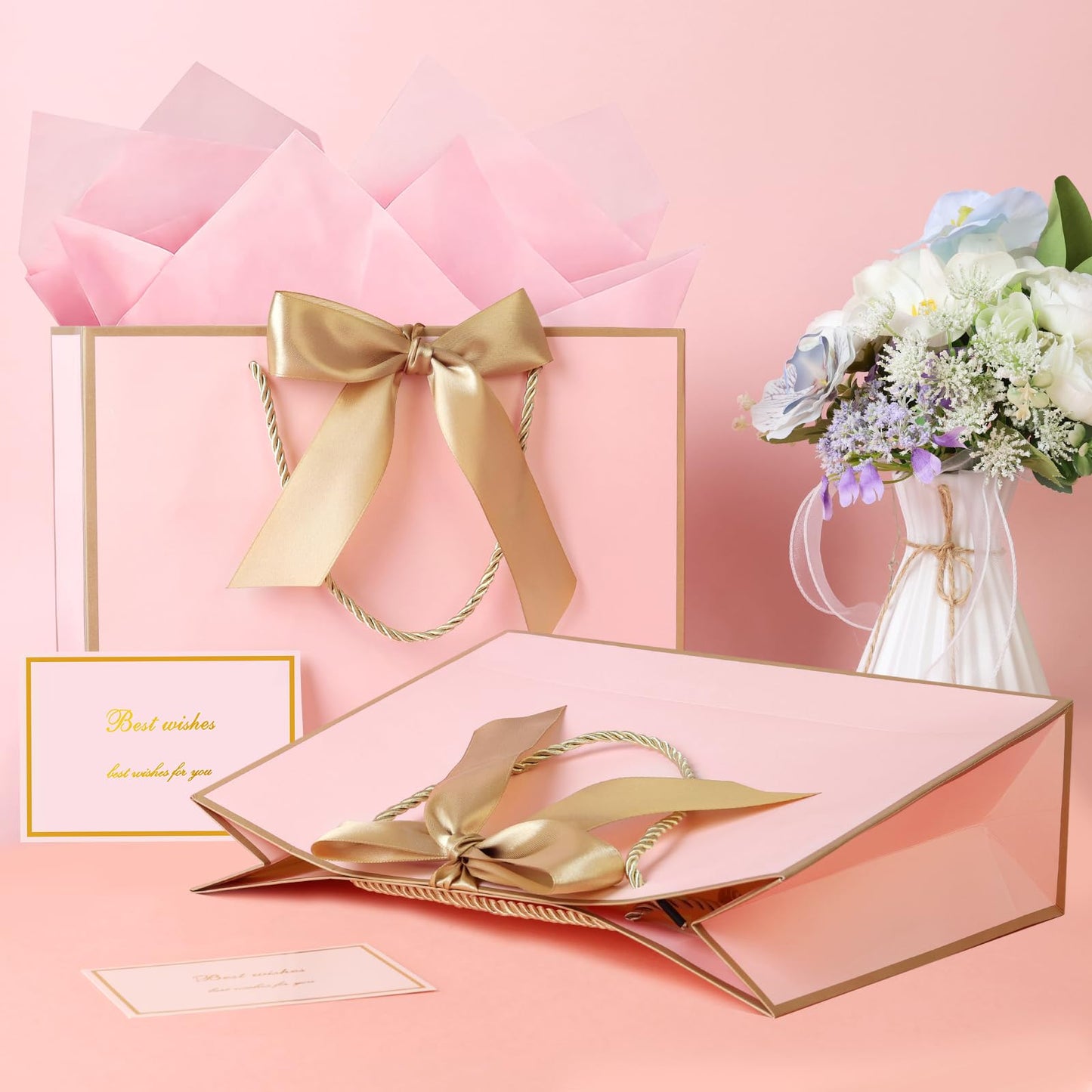 JMANNI Pink Gift Bags with Handles, 13” Medium Gift Bag for Presents, 1 Pcs Bags with 2 Tissue Paper and 1 Cards for Baby Shower Wedding Bridal Shower Mother's Day Birthday Party (Pink Golden)