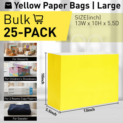SUNCOLOR Yellow Gift Bags with Handles, 13x10x5.5 Inch Large Paper Bags for Birthday Party Wedding Shopping, 25 Pack