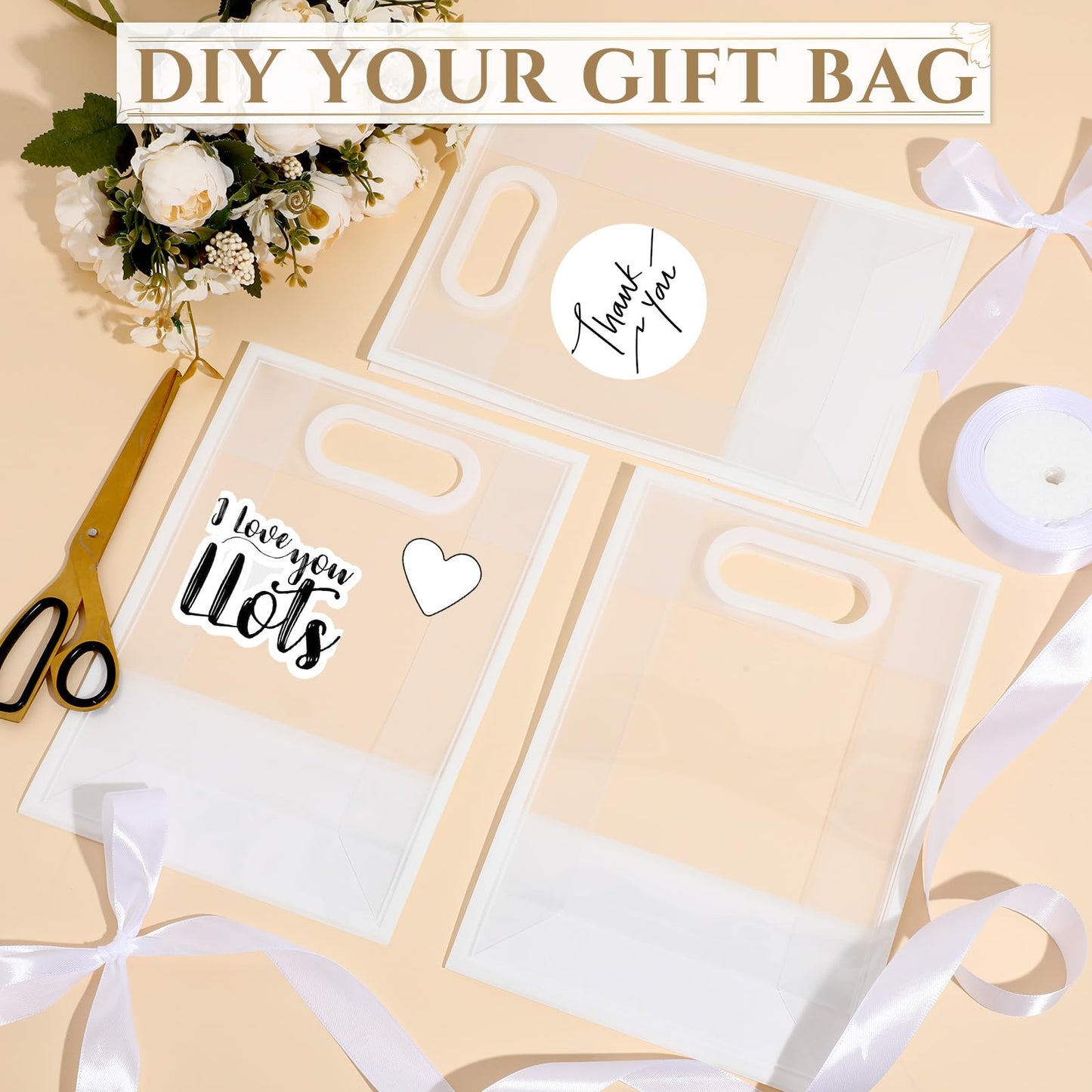 Aliceset Clear Plastic Gift Bag with Die Cut Handle Reusable PP Favor Bag with Ribbon for Graduation Wedding Bridal Birthday Baby Shower Party Small Business,10x7x3.15in(White,12 Pcs)