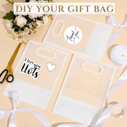Aliceset Clear Plastic Gift Bag with Die Cut Handle Reusable PP Favor Bag with Ribbon for Graduation Wedding Bridal Birthday Baby Shower Party Small Business,10x7x3.15in(White,12 Pcs)