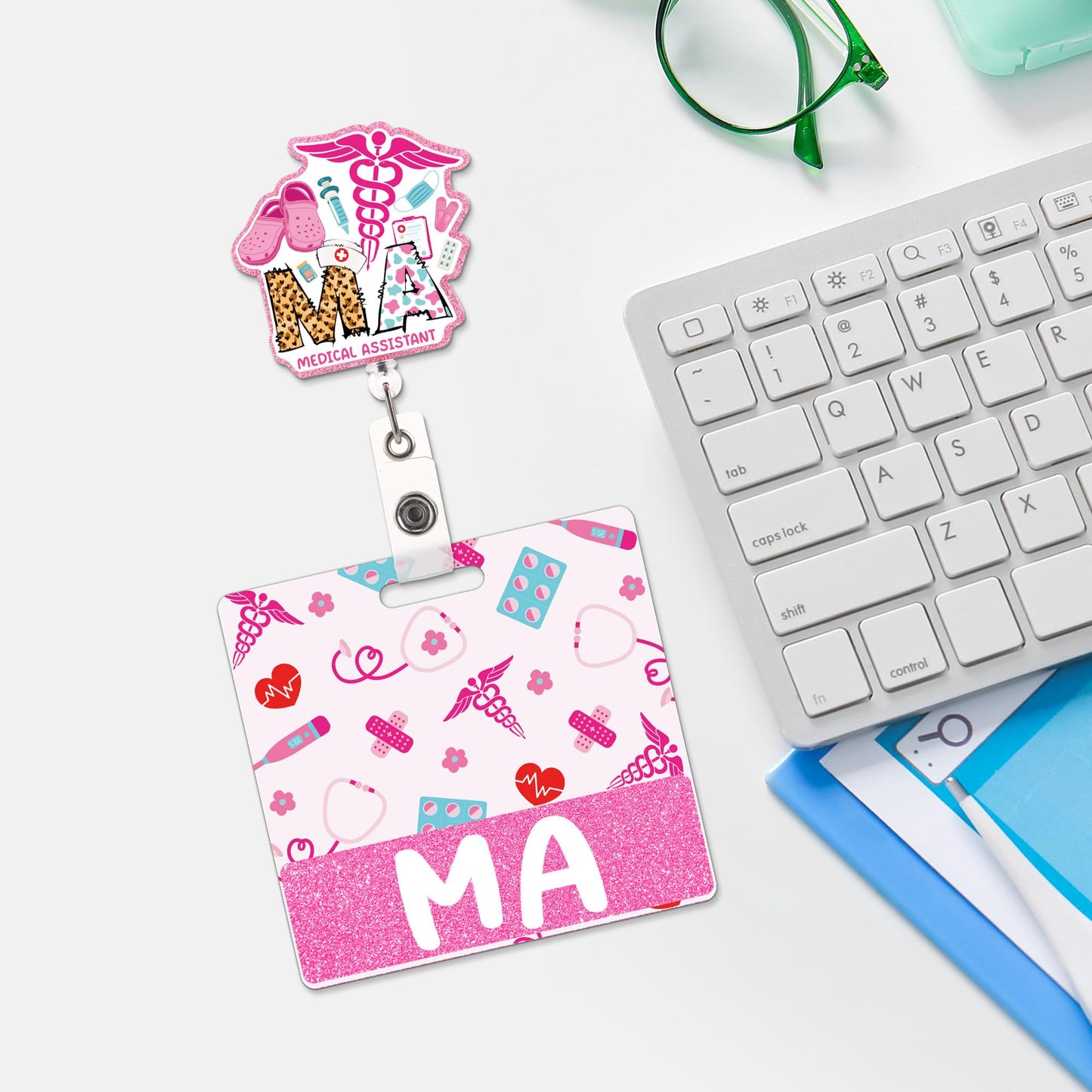 Medical Assistant Badge Reel and Buddy, Pink Retractable ID Holder with Swivel Clip and MA Badge Buddy, Medical Assistant Gifts and Accessories for Work