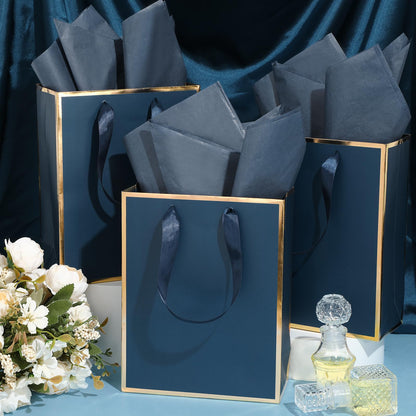 Yeaqee 10 Pack Metallic Paper Gift Bags with Handle Tissue Paper Thank You 5 Senses Gift Bag for Birthday Wedding Baby Shower Groomsmen Bridal Graduation Party Favor 9 x 7 x 3.15''(Navy Blue, Gold)