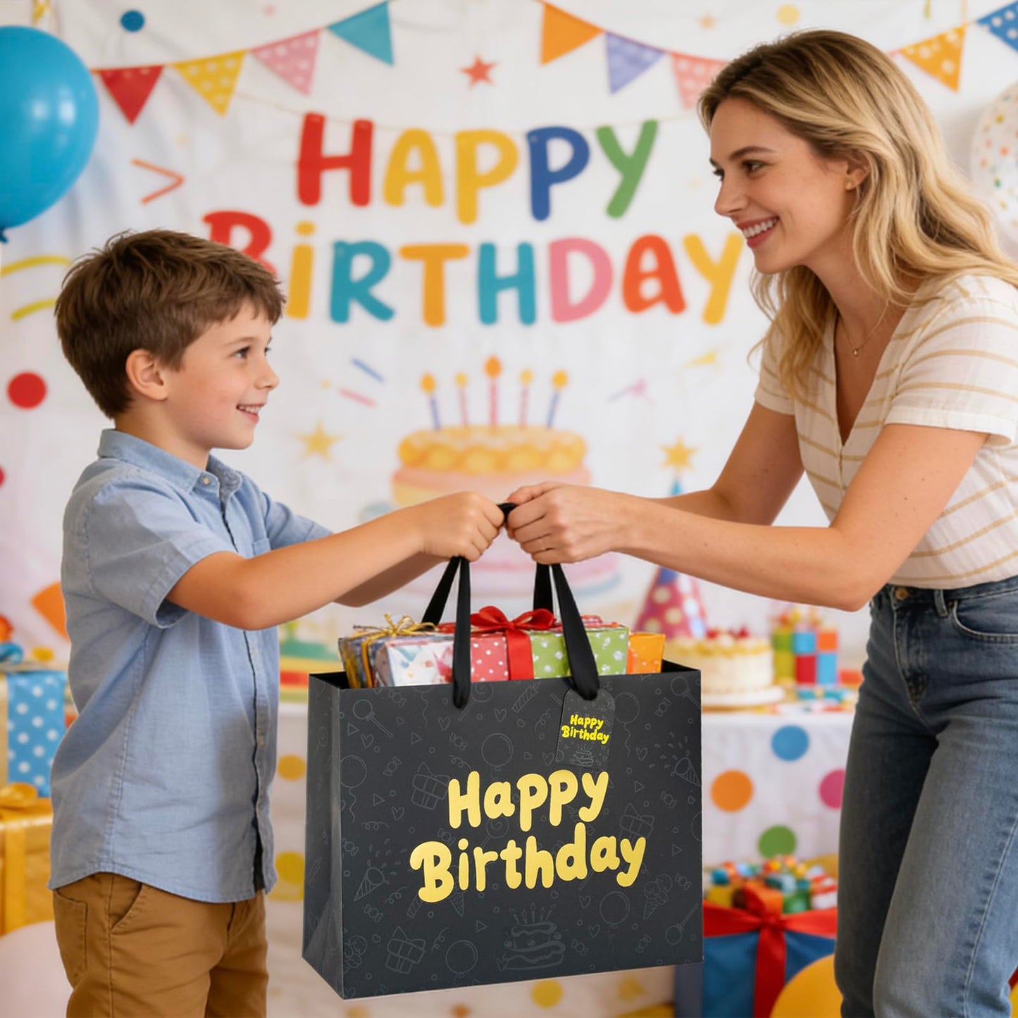 FOREVER 7 STAR Black Happy Birthday Gift Bag With Handles Tissue Papers and Greeting Card,13 Inch Medium Size for Birthday Perfect for Men,Dad,Boy