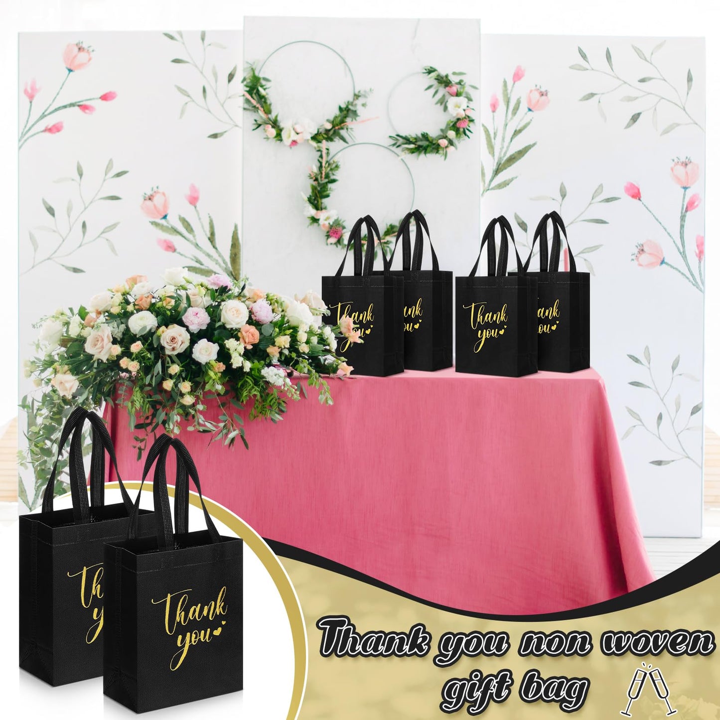 Sweetude 30 Pcs Thank You Gift Bags with Handles, Reusable Non Woven Foldable Goodie Bags Bulk for Graduation Teacher Appreciation Wedding Bridesmaid Favors(10 x 8 x 4 Inch,Black)