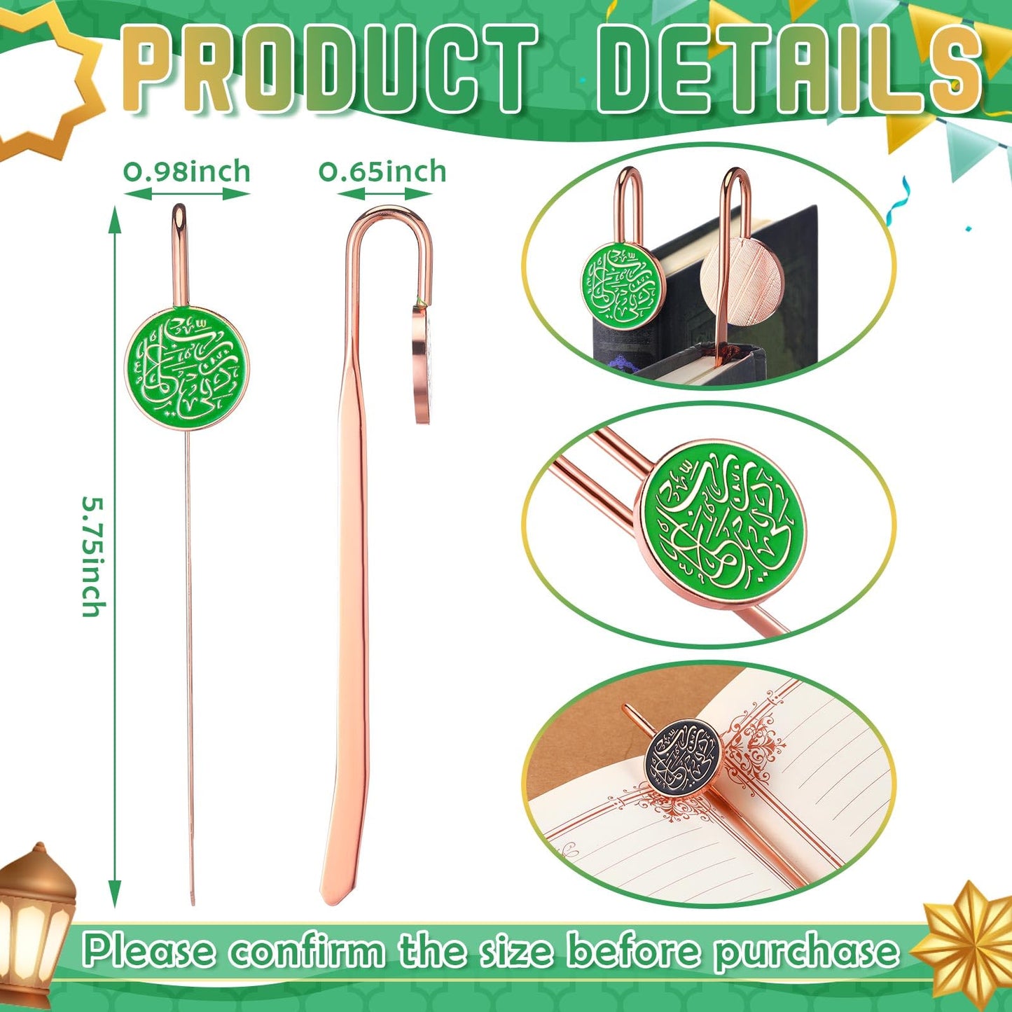Yaocom 6 Pack Islamic Quran Bookmark with Arabic Calligraphy Quran Holder Metal Holy Quran Bookmark for Islamic Books Party Favor Ramadan Eid Nikah Islamic Gifts(Round)