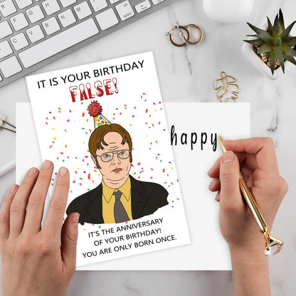 Funny The Office Birthday Card for Men Him, Dwight Schrute Birthday Card, Hilarious The Office Birthday Decorations Gifts for Friend Boyfriend, It is Your Birthday False