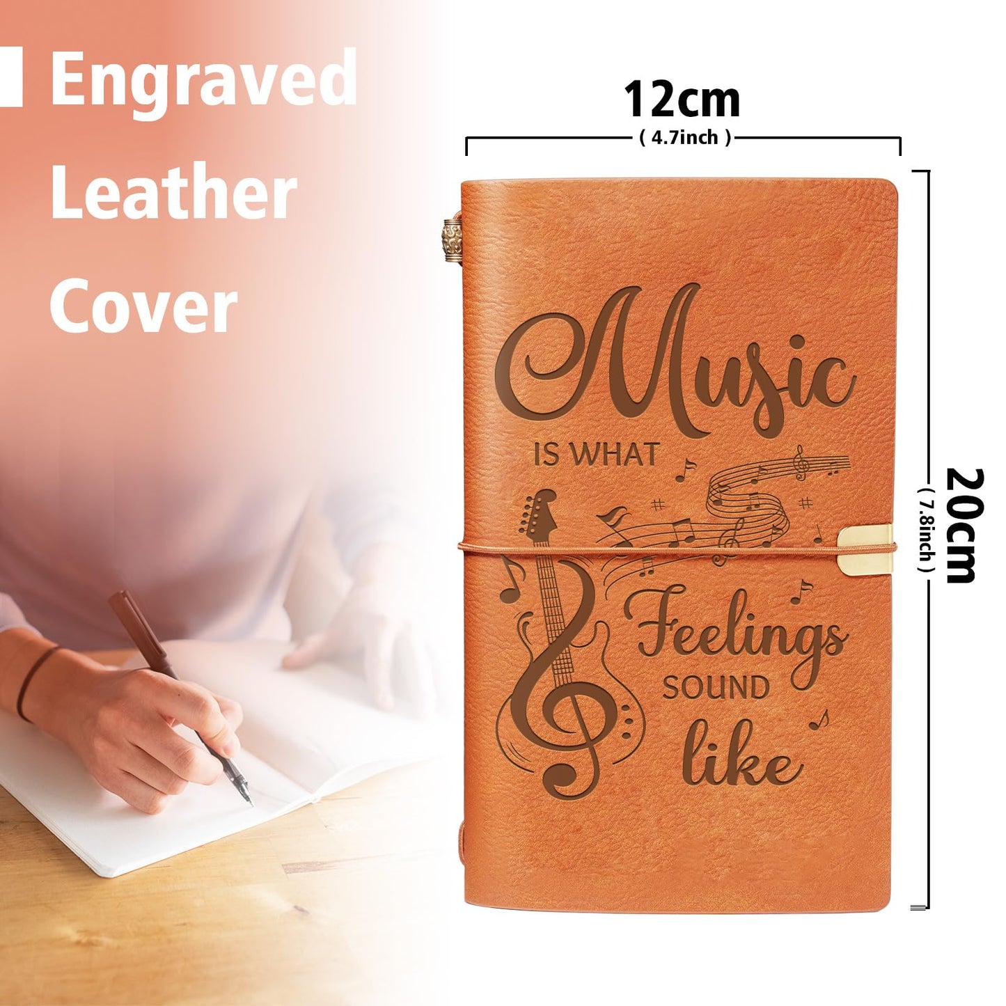Music Lover Gifts for Women Men, Leather Journal Notebook with “Music Is What Feelings Sound Like” Quote, Refillable Leather Writing Journal for Musicians,Teacher, Songwriters