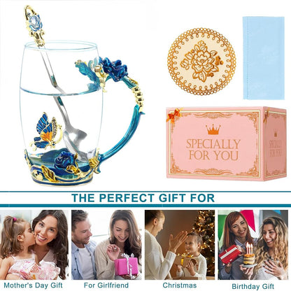 Birthday Gifts For Women,Butterfly Flower Glass Tea Cup Sky Blue Rose Coffee Mug Gift For Women Mom Wife Sister Coworker Female Friend on Christmas Anniversary Valentines Mothers Day Presents