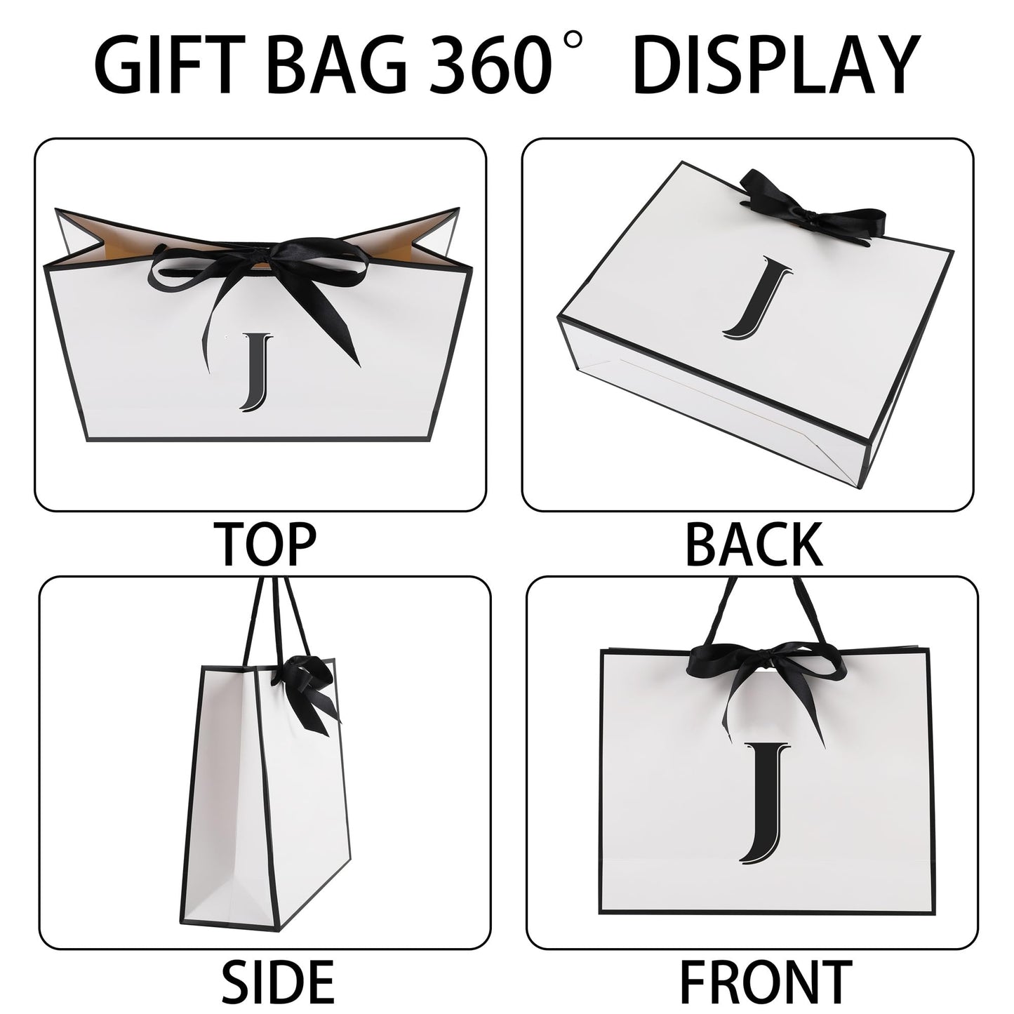 STOBOCTER Initial Gift Bags with Handles and Bow Ribbon 11"x8" Personalized Letter Gift Bags Birthday Gift Bag for Women Men Reusable Gift Wrap Bag for Mothers Day Wedding Graduation (J-Small)