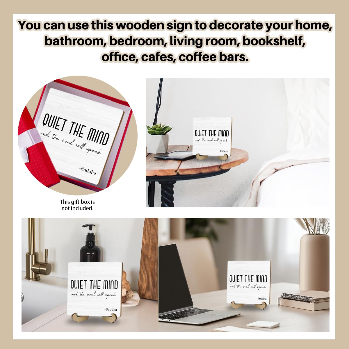 Zen Decor, Meditation Accessories, Spiritual Decorations, Zen Meditation Gifts for Office Yoga Room Bedroom Decors, Quiet The Mind And The Soul Will Speak Sign Wood Plaque with Wood Stand