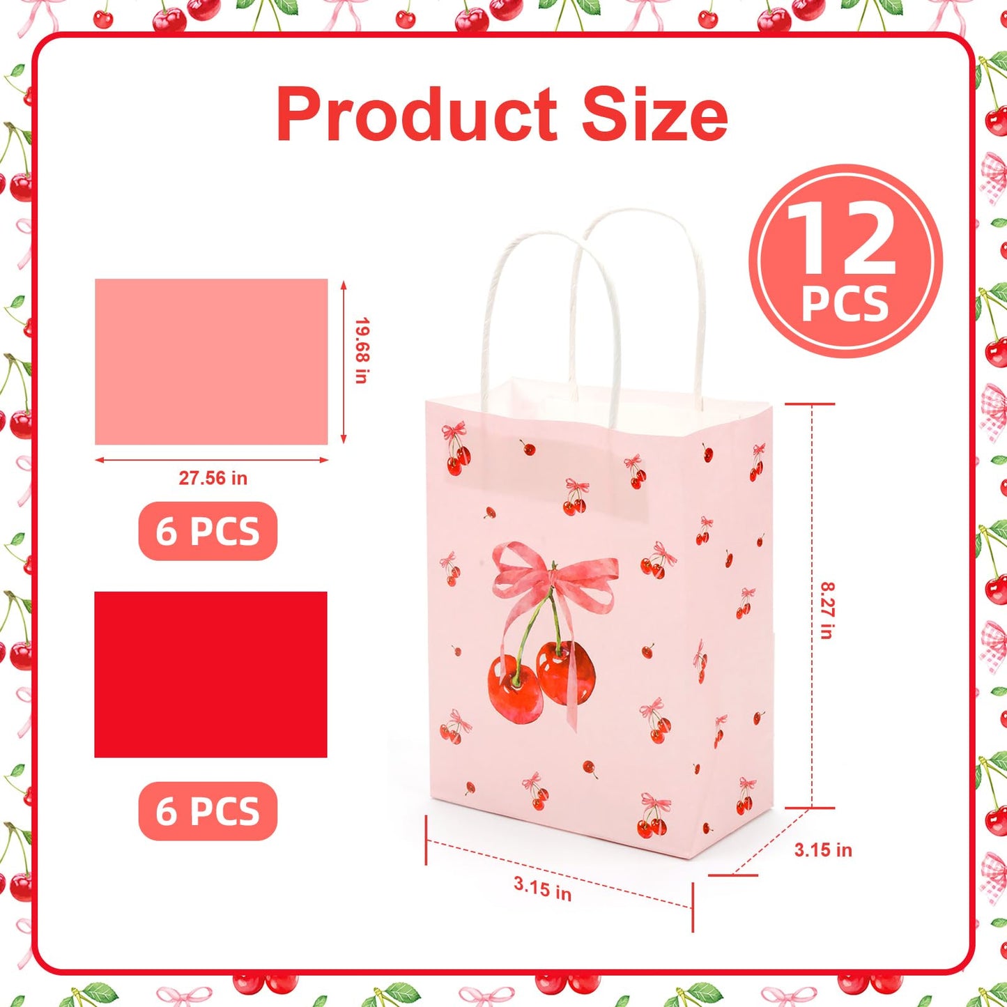 12pcs Cherry Gift Bag, Pink Bow Medium Gift Bags with Tissue Paper, Cherry Party Decorations for Birthday Bridal Shower Baby Shower Wedding Party Favor Bags (8.27 x 6.3 x 3.15 inch)