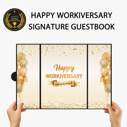 DARUNAXY Black Gold Happy Workiversary Party Decorations, Happy Work Anniversary Alternative Signature Guest Book for Men Women Employee Business Gifts Signing Card Board for Office Supplies