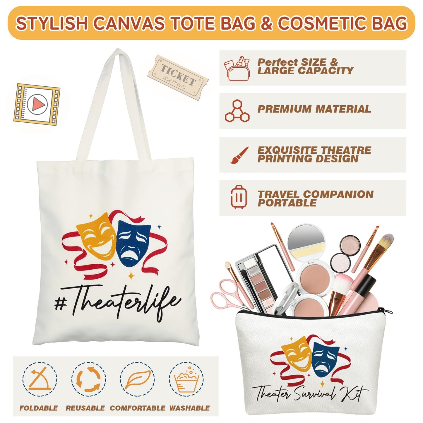 4 Pack Theatre Gift Set for Musical Theater Lovers Canvas Tote Makeup Bag Crew Socks Leather Notebook for Broadway Actors Drama Students Birthday Graduation Gifts