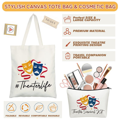 4 Pack Theatre Gift Set for Musical Theater Lovers Canvas Tote Makeup Bag Crew Socks Leather Notebook for Broadway Actors Drama Students Birthday Graduation Gifts