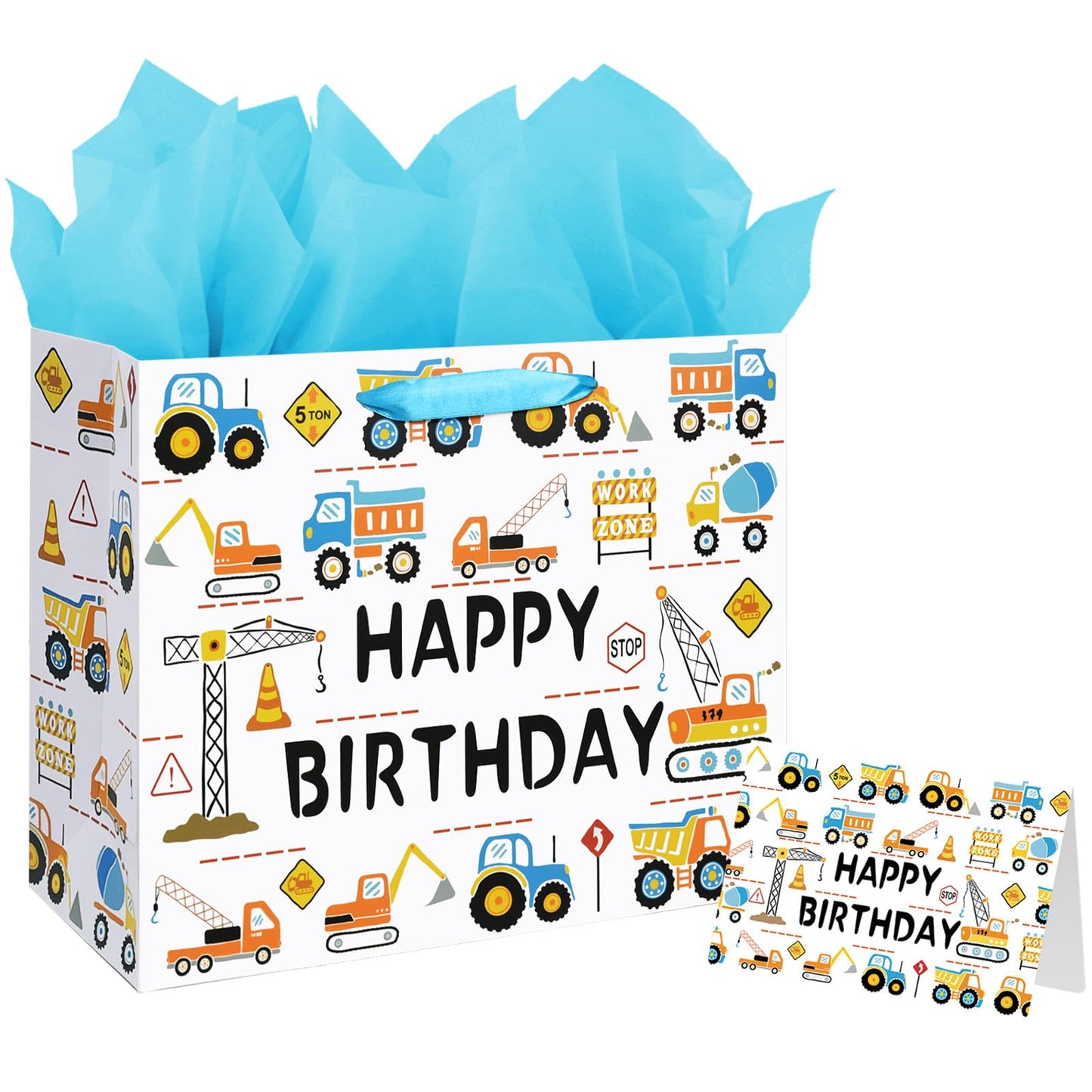 Laidans 13" Large Happy Birthday Gift Bag for Baby Boy Kids with Tissue Paper and Card (Construction Vehicle)