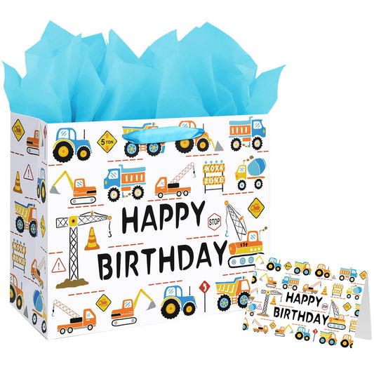 Laidans 13" Large Happy Birthday Gift Bag for Baby Boy Kids with Tissue Paper and Card (Construction Vehicle)