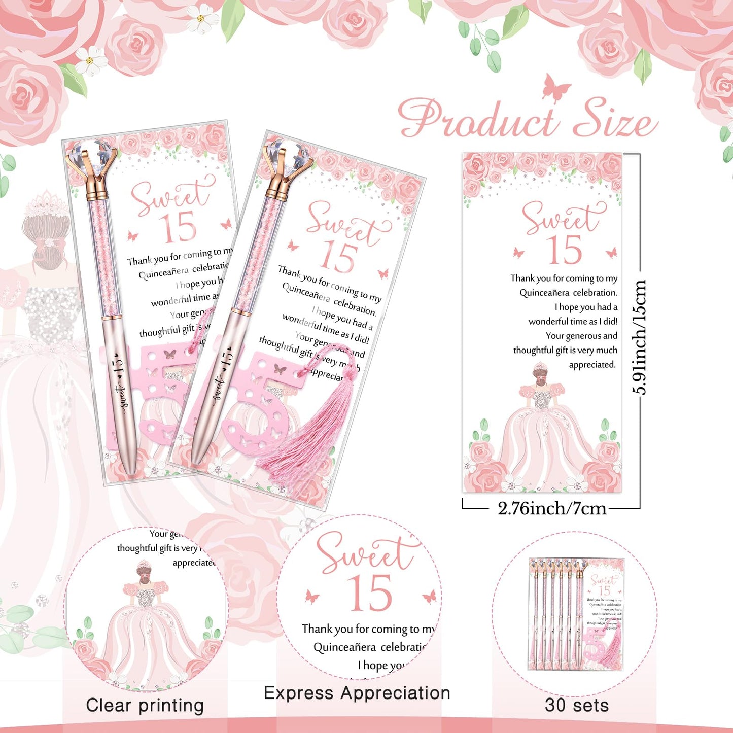 Sayglossy 120 Pcs Quinceanera Party Favors Sweet 15th Thank You Gifts Diamond Pens with Cards Bookmarks Retractable Ballpoint Bling Pens Recuerdos Para 15 Anos Quinceaneras Gifts for Guests(Rose Gold)