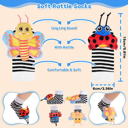 Baby Sensory Toys 0-6 Months, Socks and Foot Finder Set with Sounds for Babies 6-12 Months, Wrist Rattles for Babies 0-12 Months, Newborn Essentials Toy, Toddler Baby Boy Girl Shower Gifts
