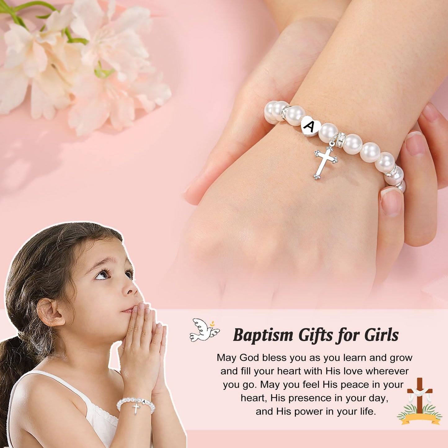 UNGENT THEM Initial Heart Cross Charm Bracelet for Girls, Baptism First Communion Easter Confirmation Gifts for Girls Teens