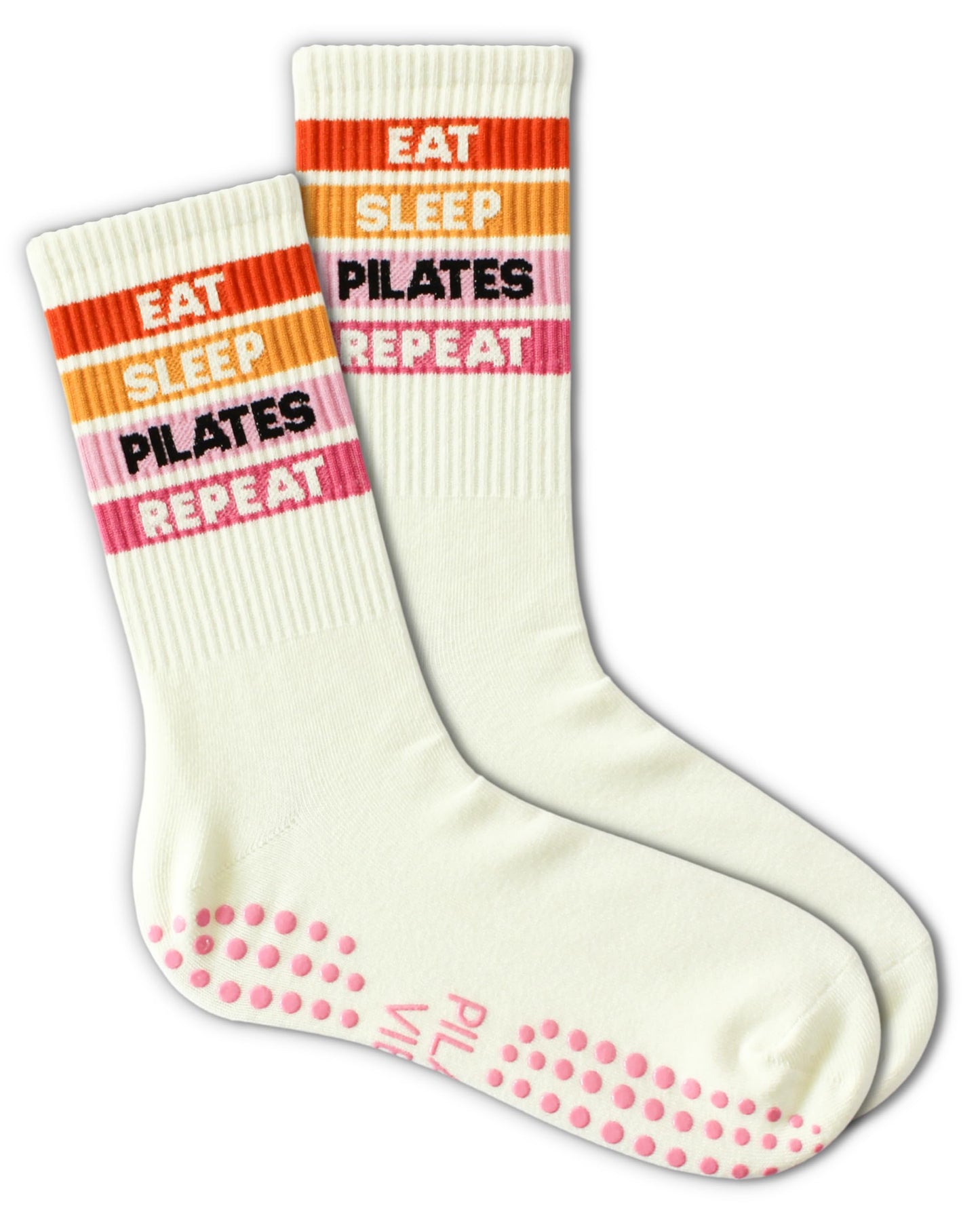 Cute Pilates Socks - Eat Sleep Pilates Repeat Sign Best Studio Gifts for Women and Girls - Beige Crew Grip Socks for Reformer Workout and Daily Pilate Life(183)