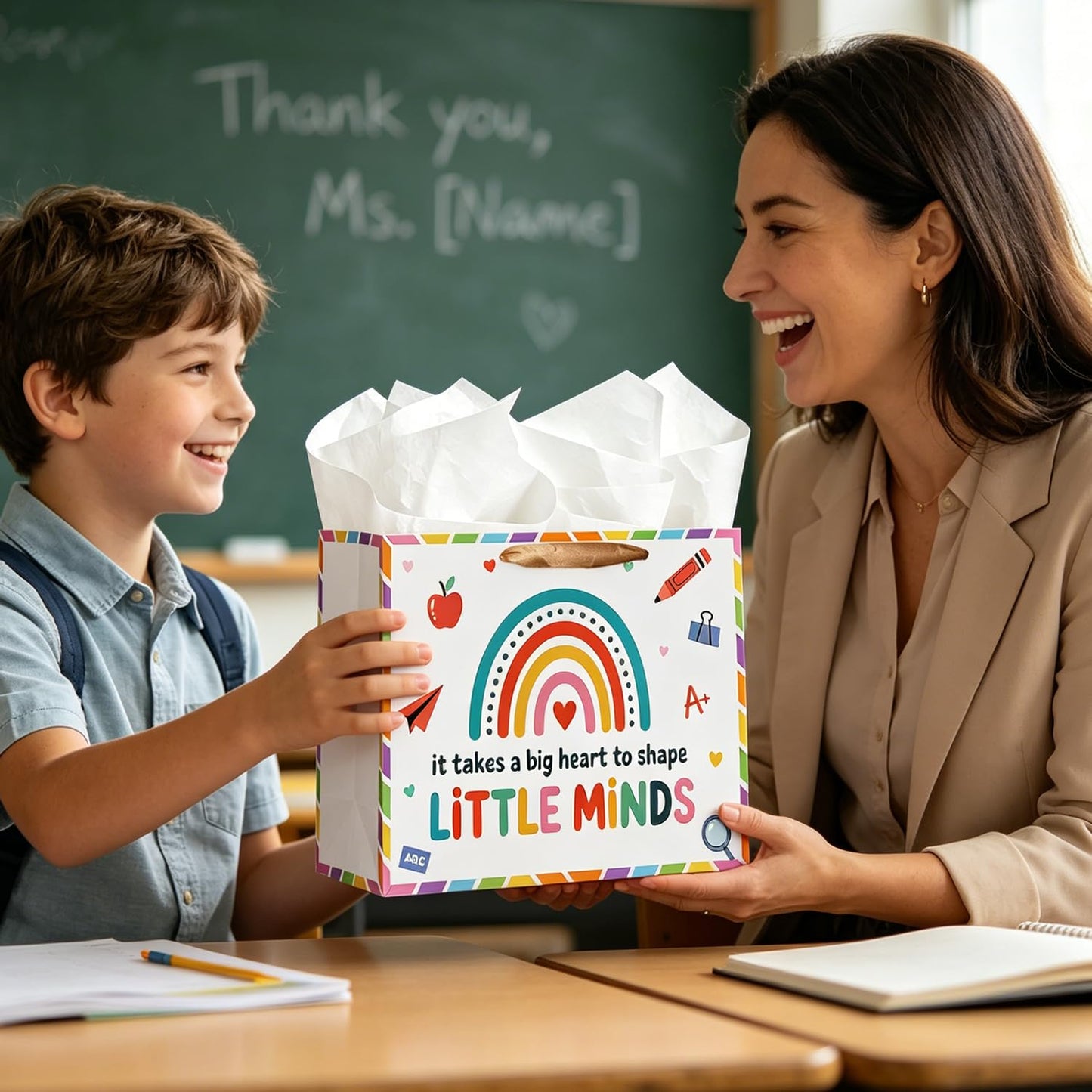 TOTEUSVIA 13" Large Teacher Gift Bag, Teacher Appreciation Gift Set Bags with Tissue Paper and Greeting Card