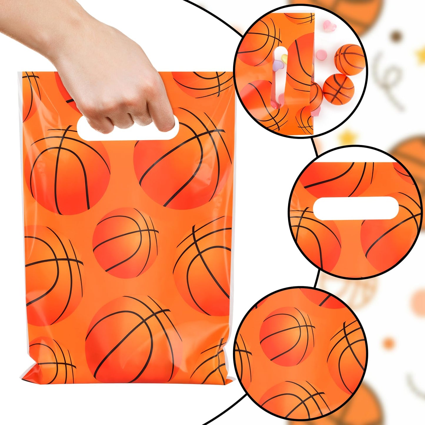 Hooqict 50PCS Basketball Gift Bags with Handle Basketball Party Favor Bags Snack Goodie Treat Candy Bag for Kids Boys Men Sport Themed Birthday Party Supplies (9.8 x 6.7 Inch)