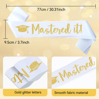 Mastered It Graduation Sash Class of 2026 Glitter Satin Sash for Masters - Congrats Grad Decorations, Masters Degree Graduation Gift for Her or Him, Grad Party Supplies - White Gold