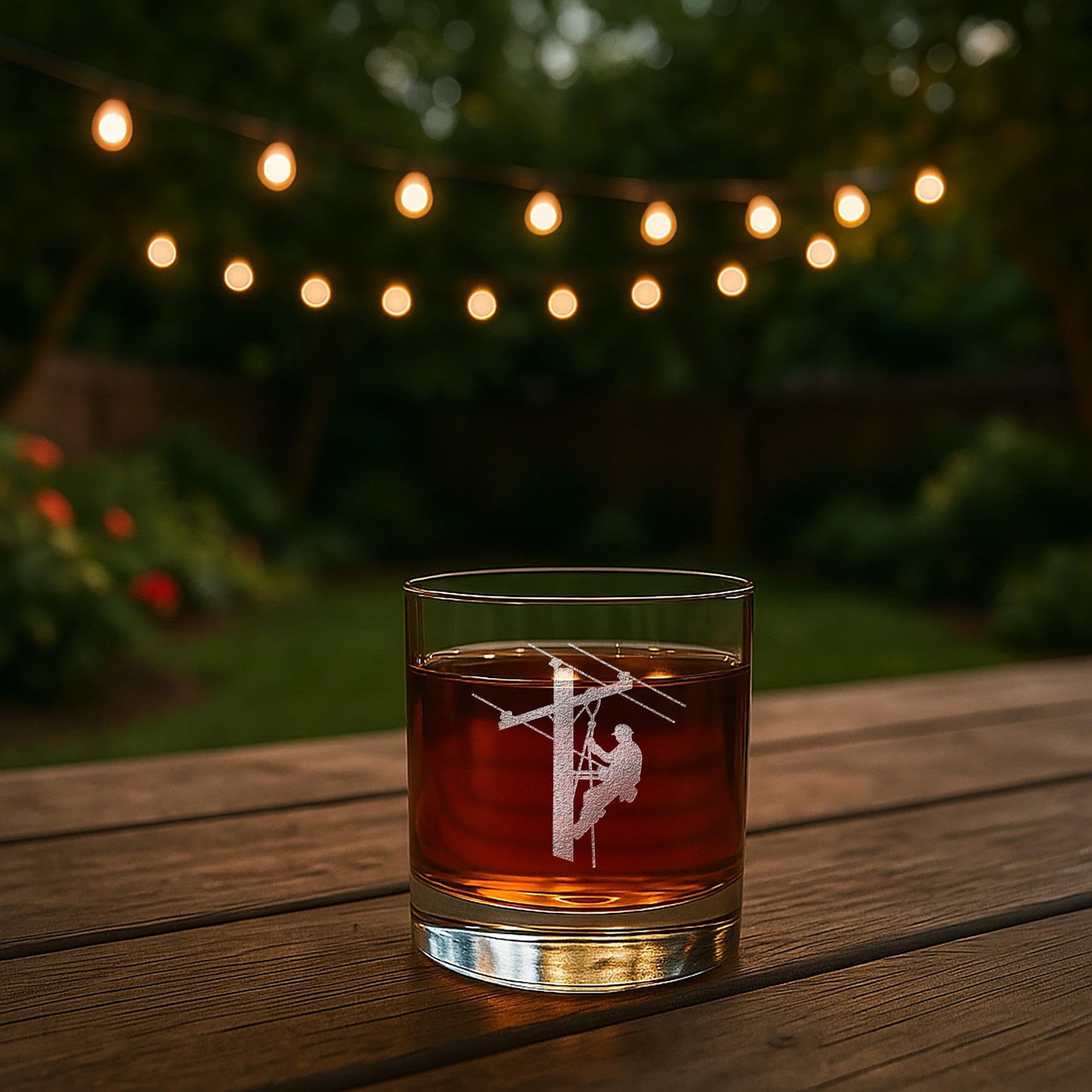 Lineman Whiskey Glass - Engraved Round Rocks Glass for Electrical Lineworkers, Powerline or Electrician Gift - 1 Pack