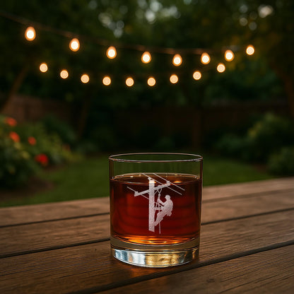 Lineman Whiskey Glass - Engraved Round Rocks Glass for Electrical Lineworkers, Powerline or Electrician Gift - 1 Pack