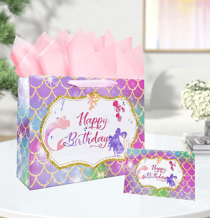 MUNILAIL 13 Inches Large Mermaid Birthday Gift Bag for Girls With Handle, Tissue Paper and Greeting Card - Mermaid Theme Party