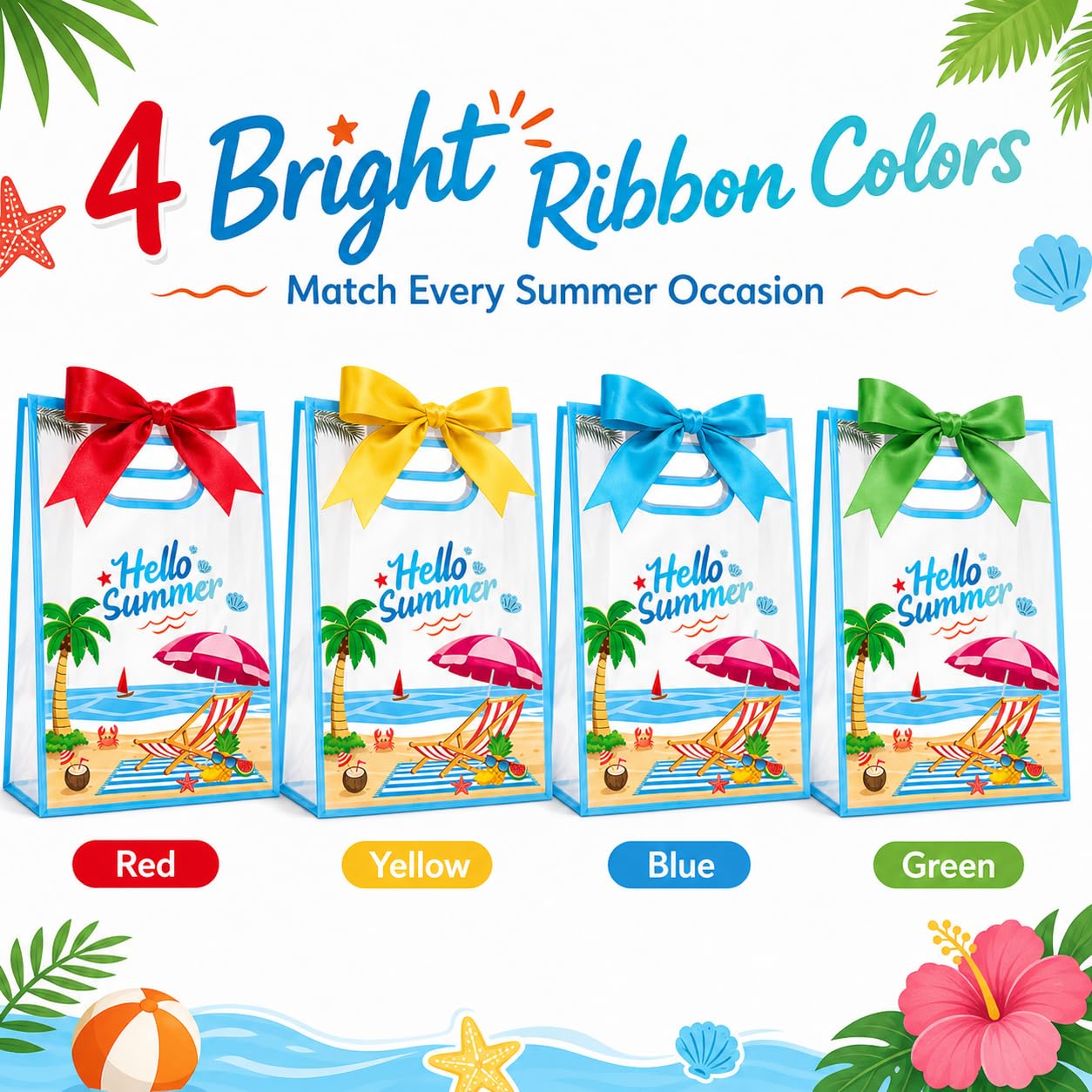 28Pcs Hello Summer Clear Gift Bags, Clear Beach Bag with Handles Ribbon Bows, Pool Party Favor Bag Hawaiian Goodie Candy Snack Treat Bag for End of School Year Summer Birthday Pool Beach Party Supply