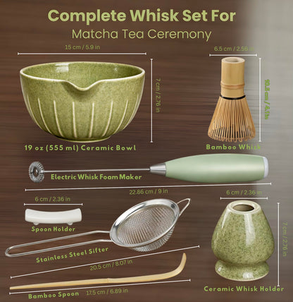 Matcha Whisk Set with Matcha Bowl - Matcha Set Included Electric Frother, Bamboo Whisk, Matcha Spoon, Bamboo Holder, Sifter, Spoon Stand (Mottled Green)