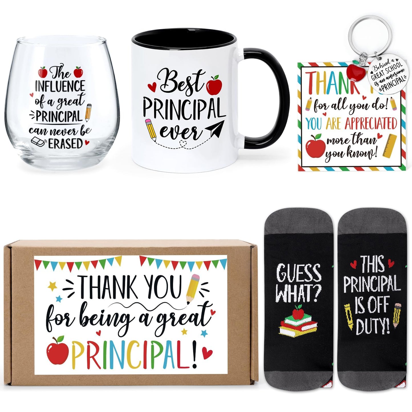 Nefelibata 5Pcs Principal Appreciation Gifts for Man Women School Assistant Funny Socks Wine Glass Coffee Mug Keychain Thank You Card Gift Box for Principal Work Graduation Christmas Retirement Gifts