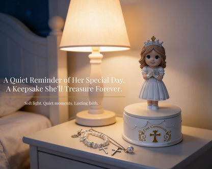 First Communion Gifts for Girls - 1st Holy Communion Gift with Prayerful Girl Figurine, Keepsake Box & Pearl Bracelet - Religious Keepsake Gift for Girls