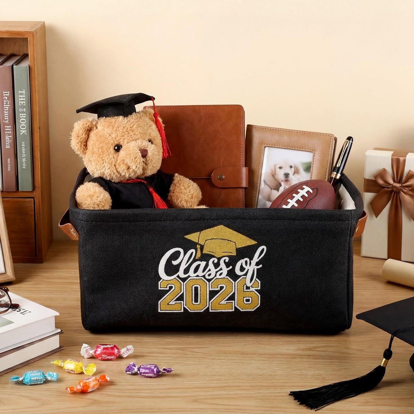 Graduation Gifts Basket Class of 2026 Storage Box with Handle Congrats Grad Gift Storage Basket for High School College Decor Party Favor Keepsake 14 x 10 x 6.3(Classic,Black and Gold)