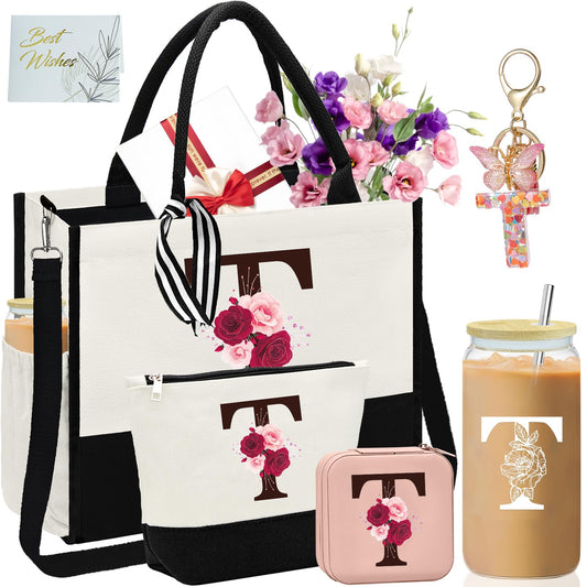 Mother's Day Gifts,Birthday Gift for Women,Initial Canvas Tote Bag,Personalized Gifts for Women,16oz Glass Cup With Straw,Jewelry Storage Box,Monogrammed Gift for Woman Mom Sister Bestie-T