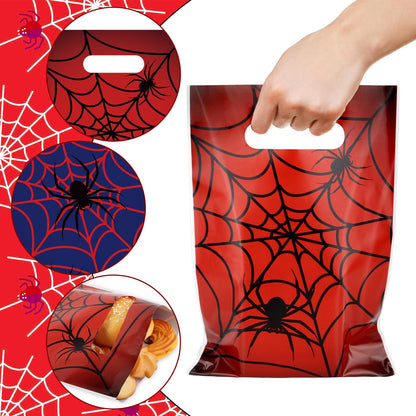 Hooqict 50PCS Spider Web Goodie Bags Party Favors Plastic Spider Gift Bags with Handle Snack Goody Treat Candy Bag for Kids Boys Cartoon Birthday Party Decorations Supplies